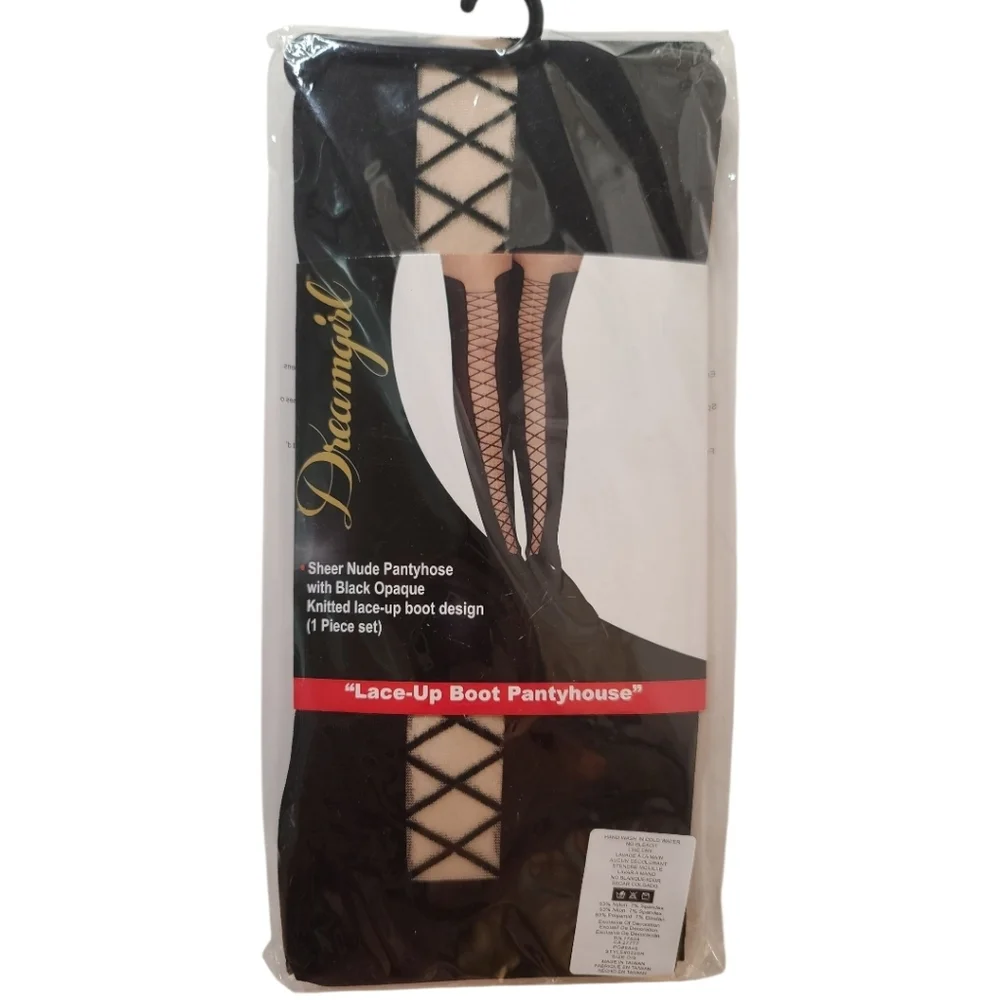 Dreamgirl Sexy Pantyhose Black and Nude Illusion Lace-Up  Boot Design  NWT